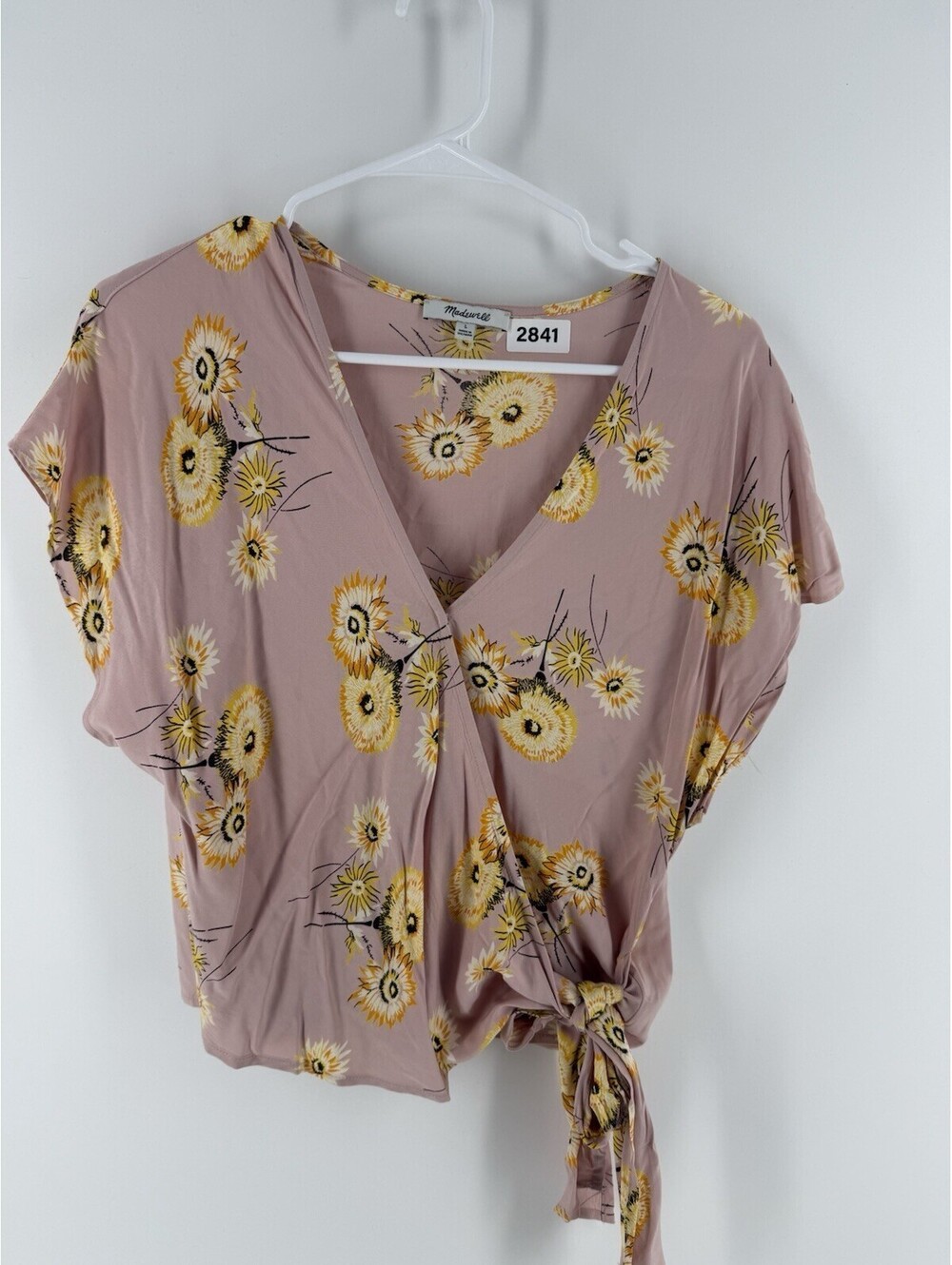 Madewell Daisy Print Wrap Tie Top Large Yellow Floral Short Sleeve Boho Summer